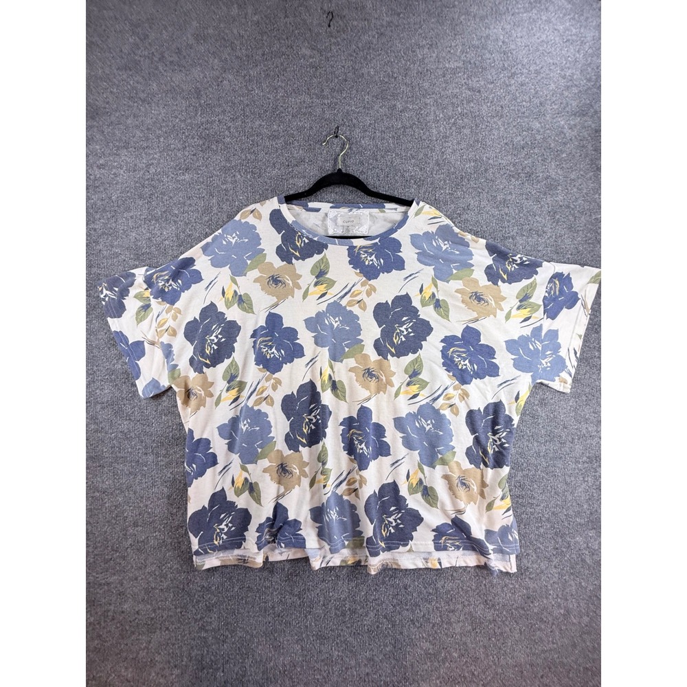 Cupio Women 3X Blue Floral Short Sleeve Boxy Knit Top Crew Neck Lace Trim